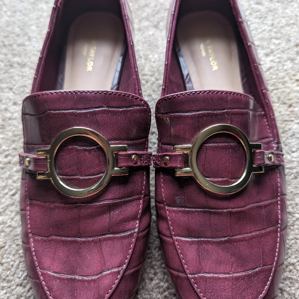 Ann Taylor Factory Burgundy Loafers with Gold Buckle